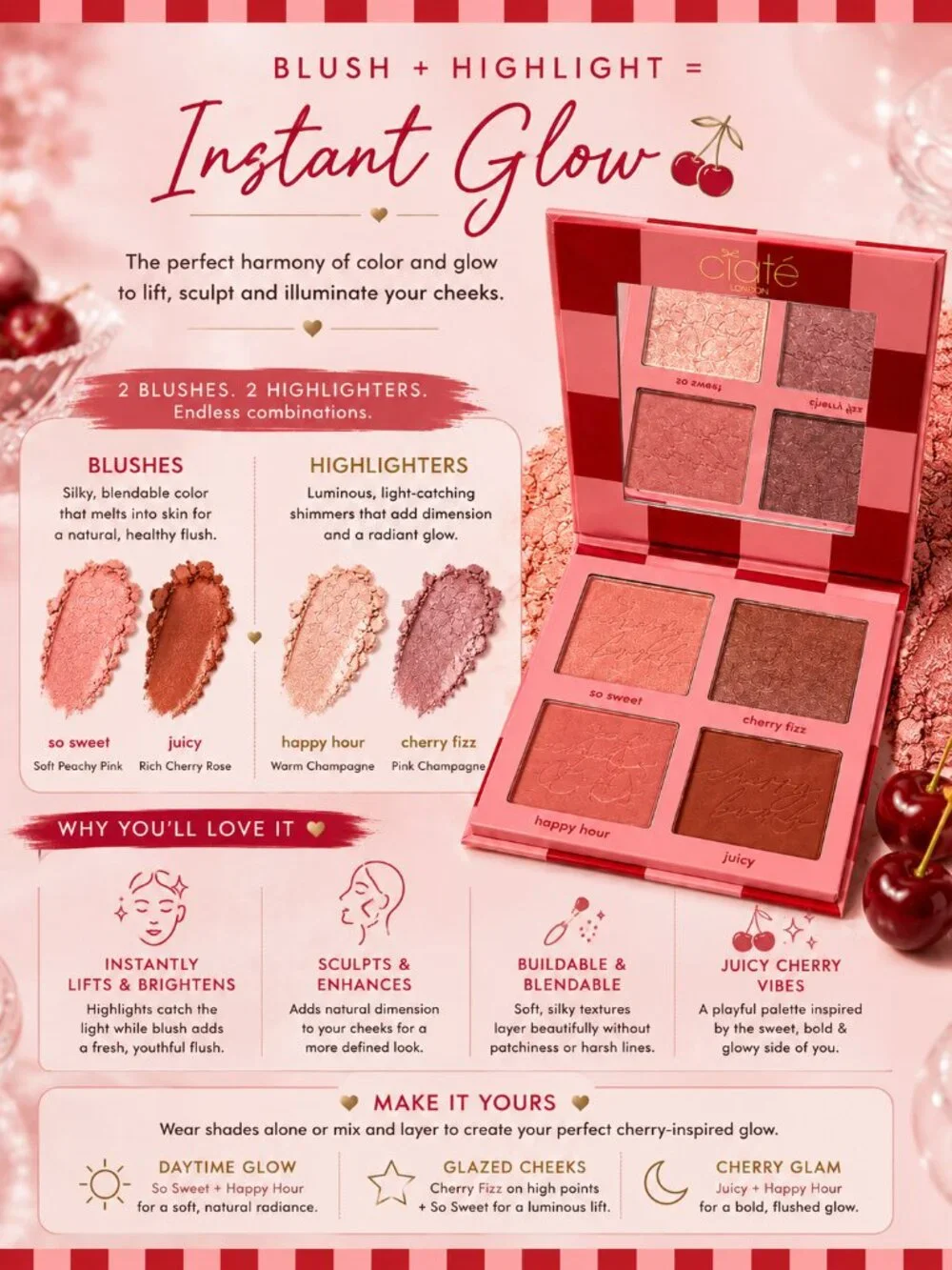 Ciaté London Cherry Bomb Blush & Highlighter Palette 4 Shades New